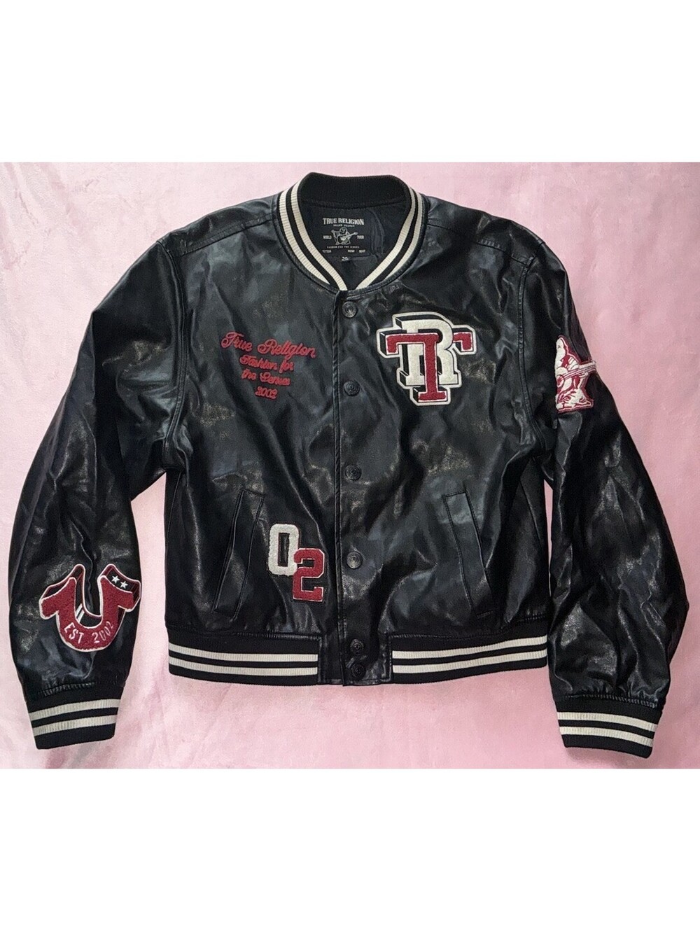 True Religion Varsity Jacket Faux Leather Sz XL Patches Logo Black